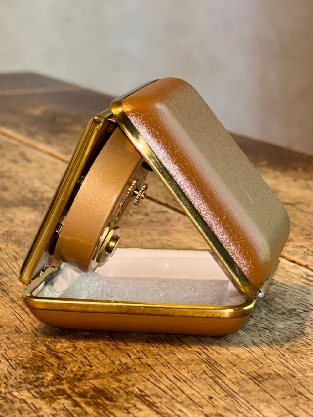 Vintage Citizen Japan Folding Travel Alarm Clock Gold Tone Brown Case Luminous